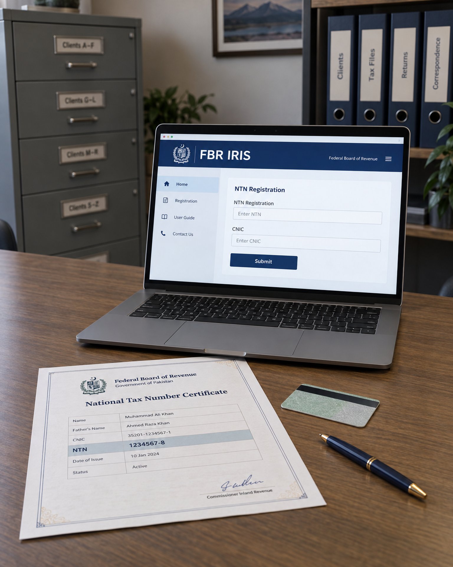 A printed National Tax Number certificate, a CNIC resting face-down, and a laptop showing the FBR IRIS registration portal, with client filing cabinets in the background