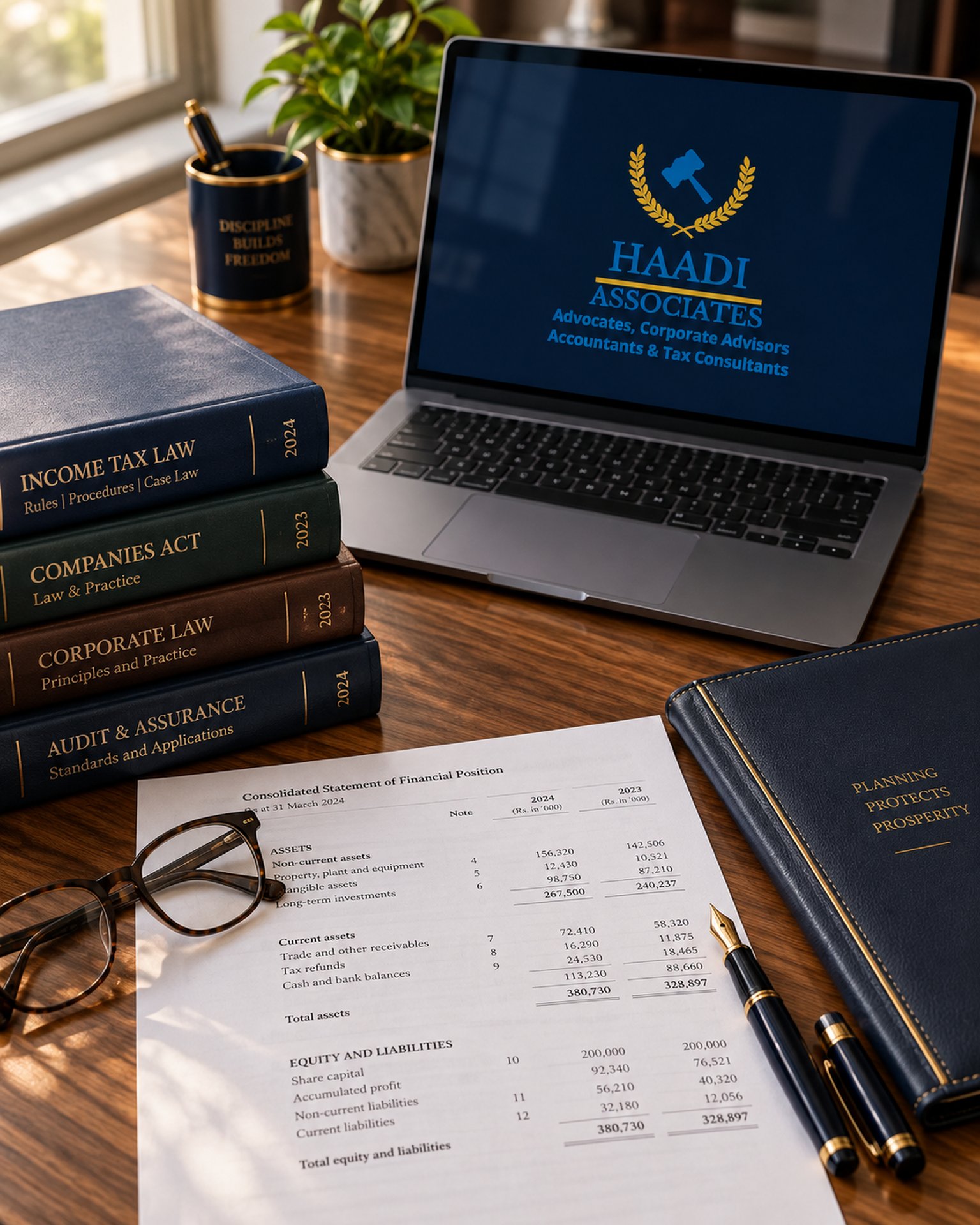Tax and corporate law reference books beside a financial statement, reading glasses, and a laptop displaying the Haadi Associates crest